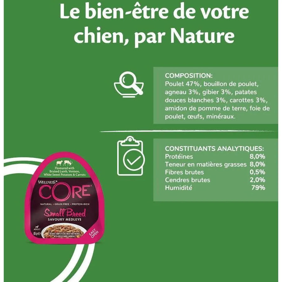 WELLNESS CORE Chien Small Breed Savoury Medley Agneau Chevreuil Légumes 6x85g