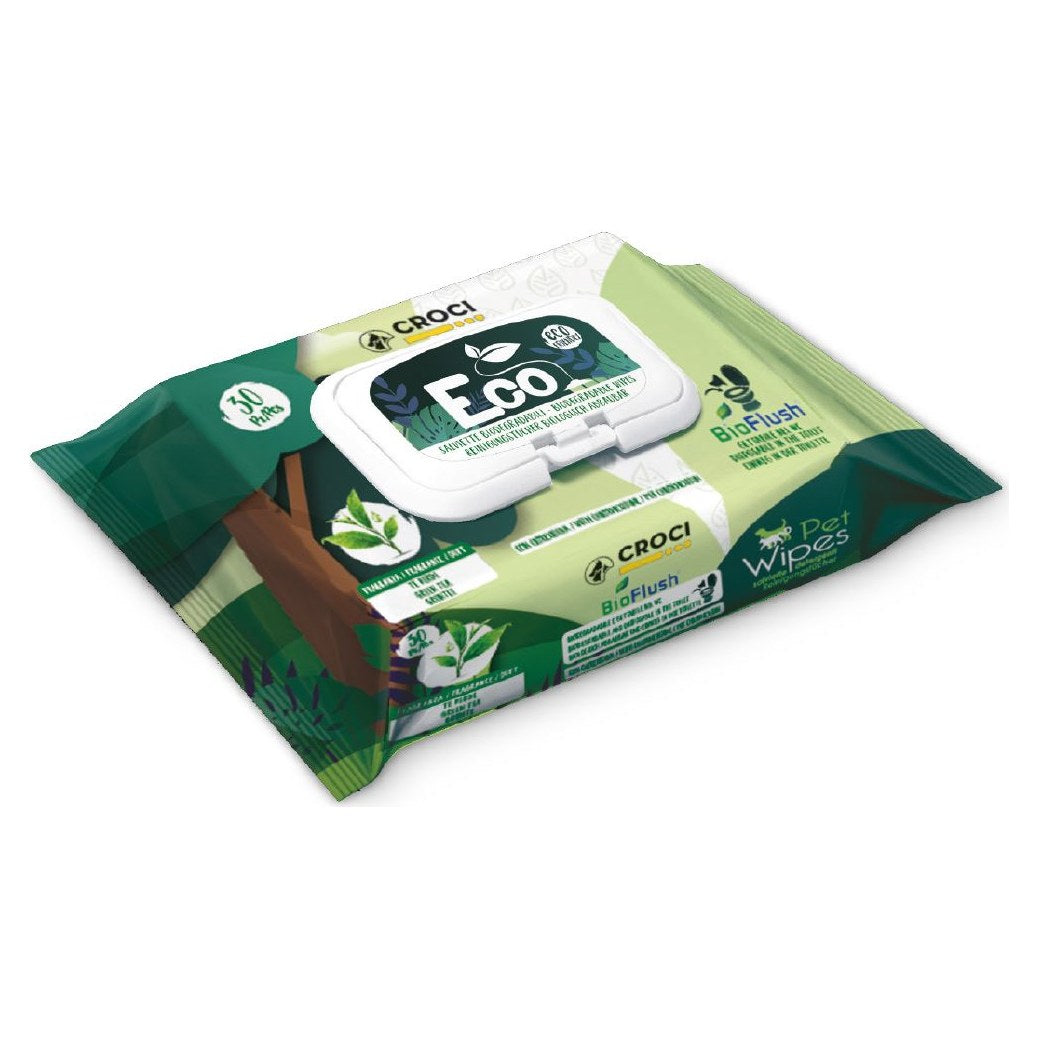 CROCI Eco Pet Wipes Lingettes Biodégradables Thé Vert et Chlorhexidine pour Chien et Chat 30 Pièces