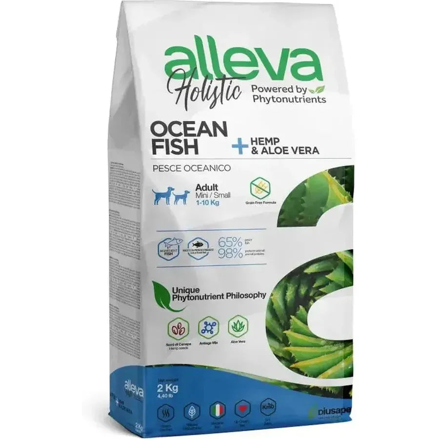 Croquettes sans céréales Alleva Holistic Poisson + Chanvre & Aloe Vera chien adulte mini