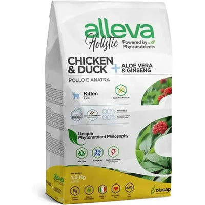 Croquettes sans céréales Alleva Holistic Poulet & Canard + Aloe Vera & Ginseng chaton
