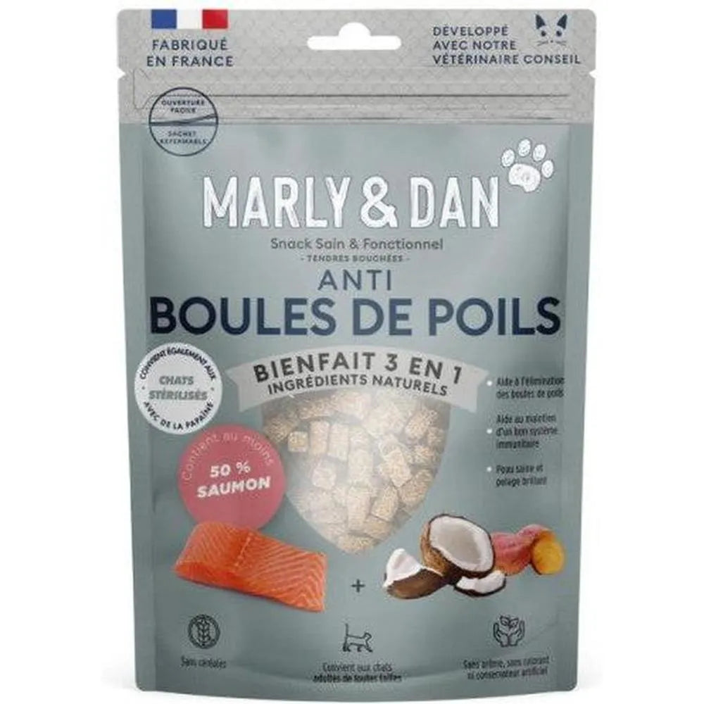 MARLY ET DAN Tendres Bouchées Anti Boules de Poil Chat Sans Céréales Saumon 40g