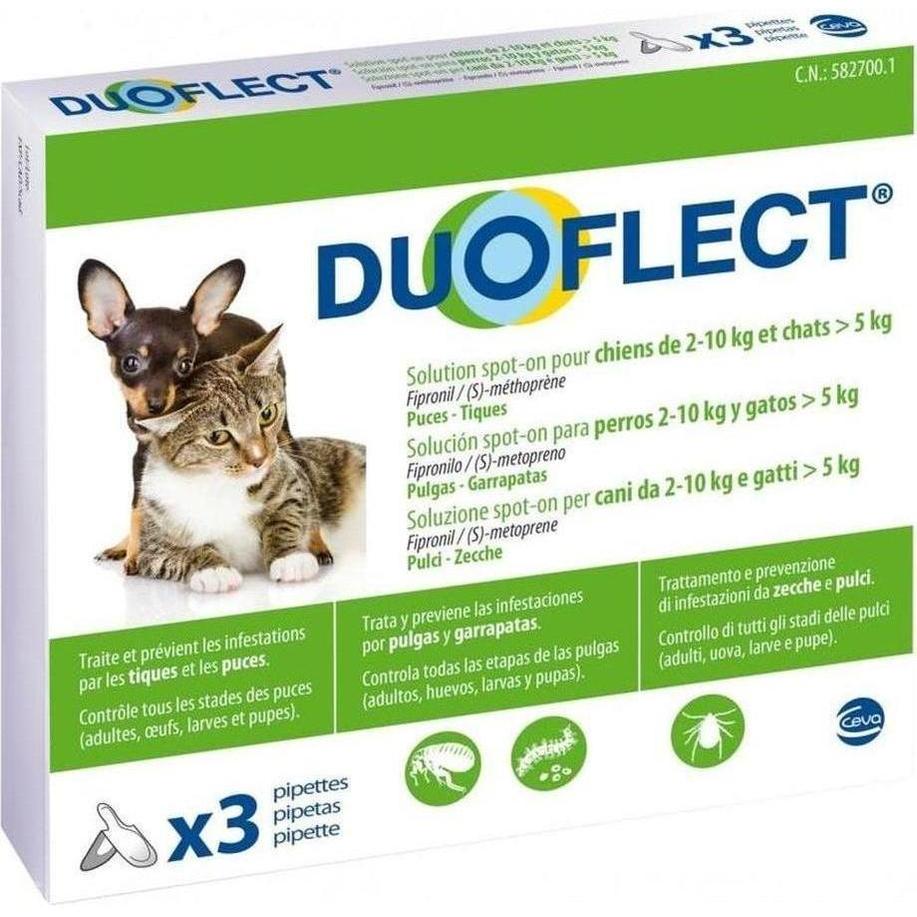 DUOFLECT Solution Spot-On pour chiens de 2-10kg et chats plus de 5kg Puces-Tiques, trois pipette