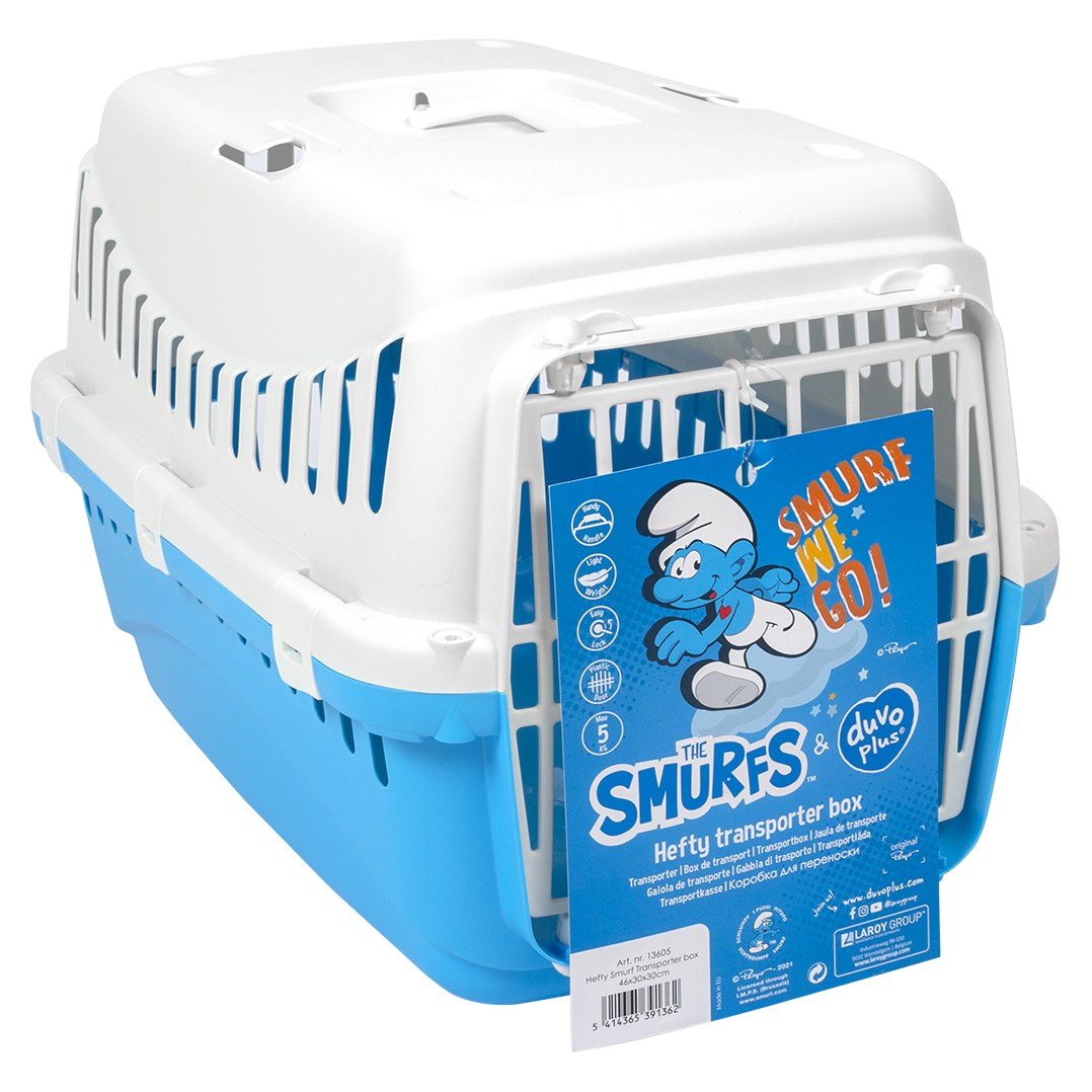 DUVO+ Les Schtroumpfs Box de Transport Schtroumpf Costaud pour Chat et Petit Chien 46x30x30cm