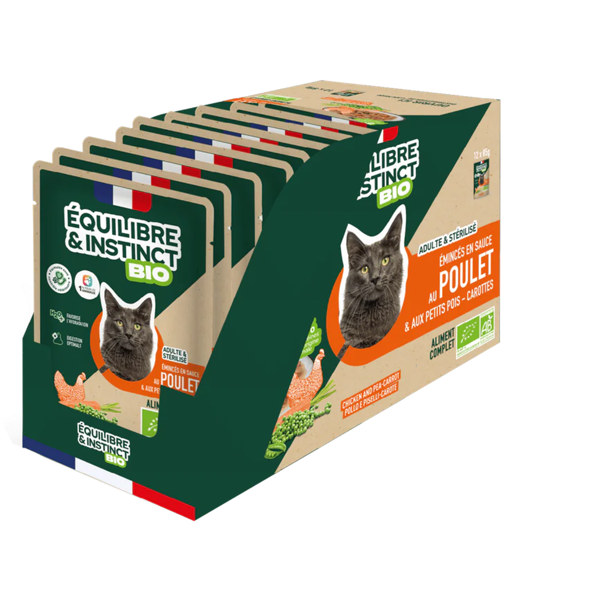 EQUILIBRE & INSTINCT Emincés pour chat au poulet légumes BIO 100g