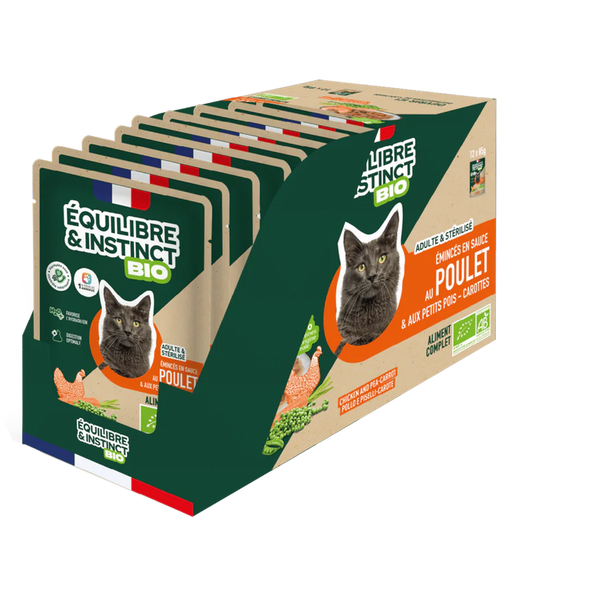 EQUILIBRE & INSTINCT Emincés pour chat au poulet légumes BIO 12x85g