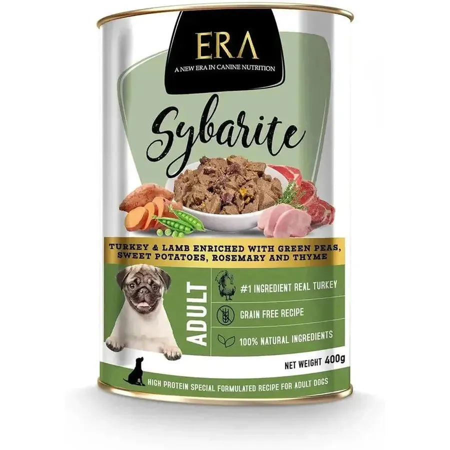 Era Sybarite Adulte – DINDE ET AGNEAU, ENRICHIES DE POIS VERTS, DE ROMARIN ET DE THYM 400 g.