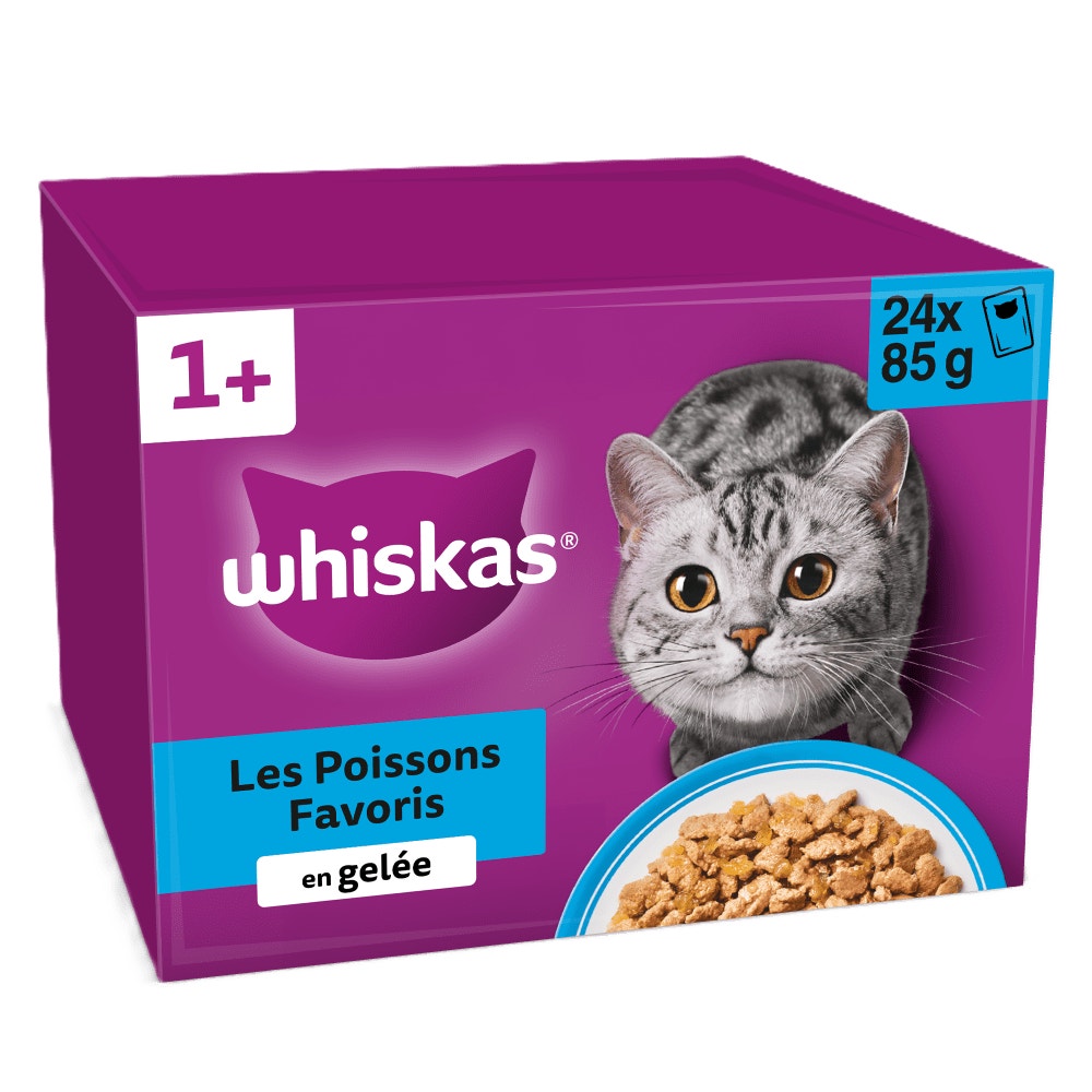WHISKAS Sachets Fraîcheur Les Poissons Favoris en Gelée pour Chat Adulte 4 Variétés 24 x 85 g