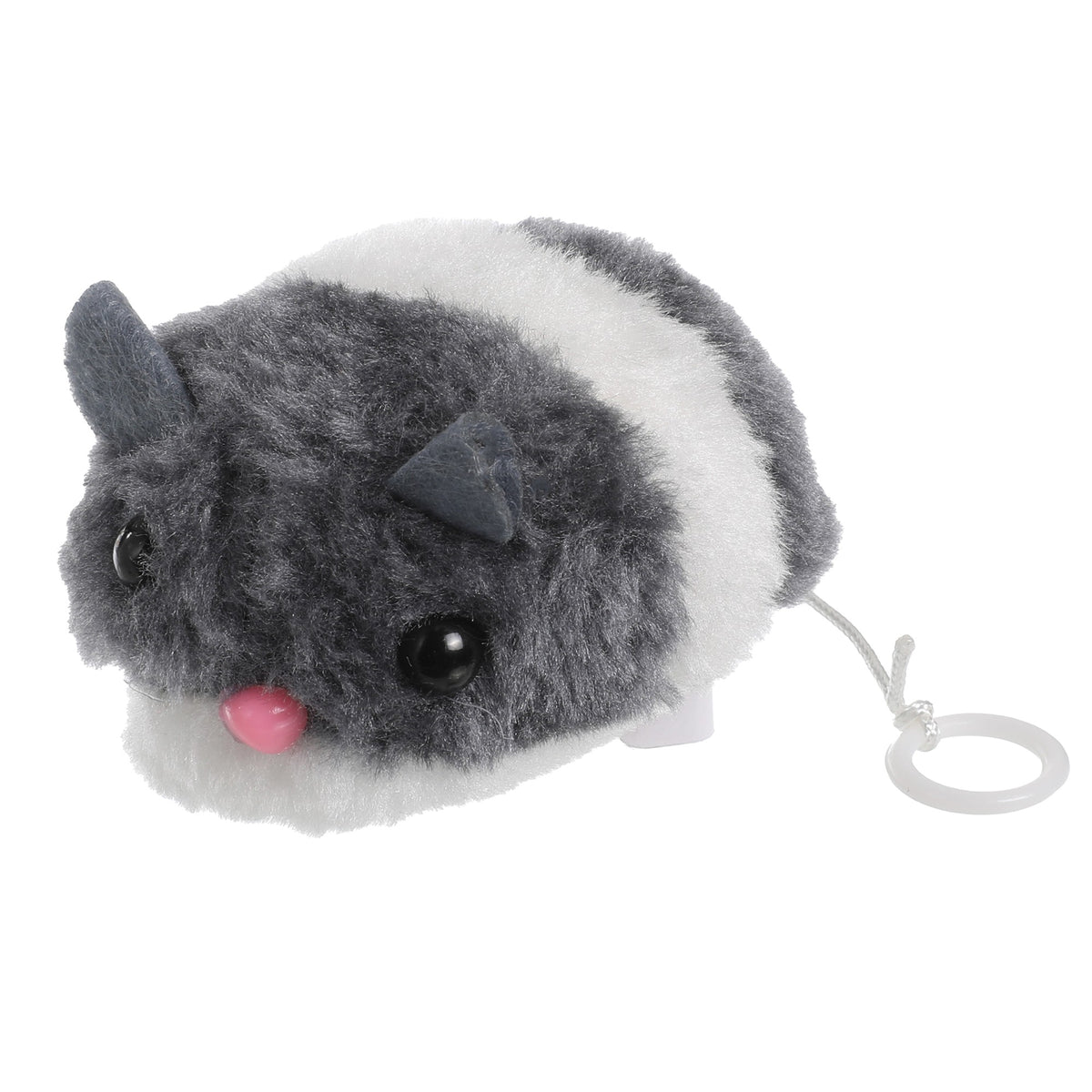 Jouet lapin vibreur Mon Ami Luki pour chat, peluche grise et blanche avec anneau à tirer
