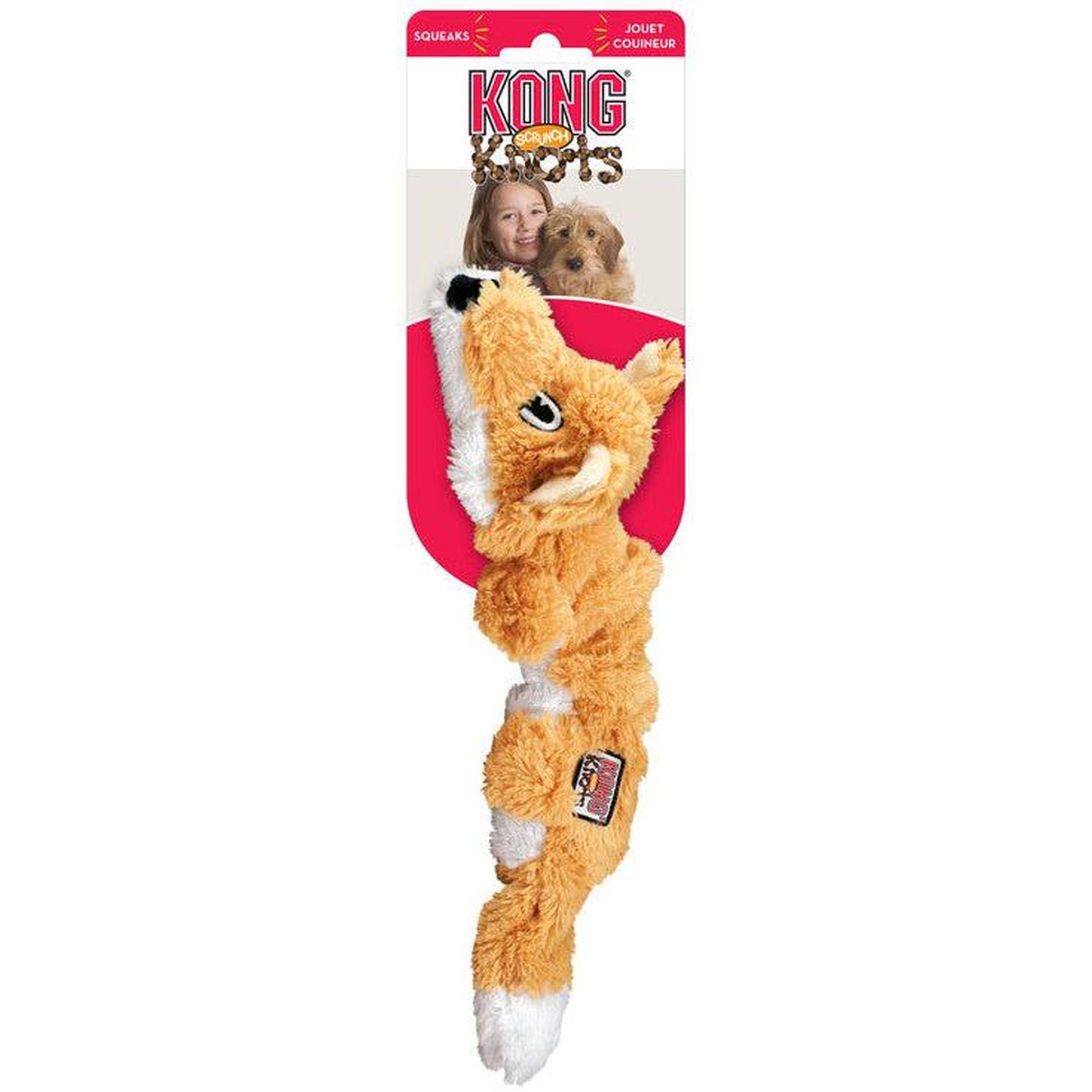 KONG Scrunch Knots Fox Jouet Peluche pour Chien Taille S/M 25.4 cm Cognac avec Corde Nouée et Squeaker