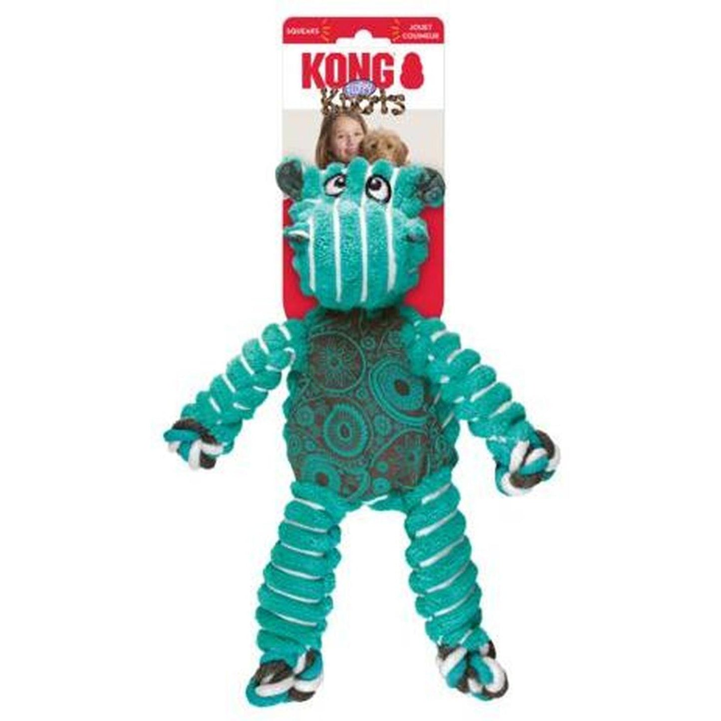 KONG Floppy Knots Hippo M/L Jouet Peluche Interactif avec Corde Nouée, Sifflet et Textures Variées pour Chien 7-30kg