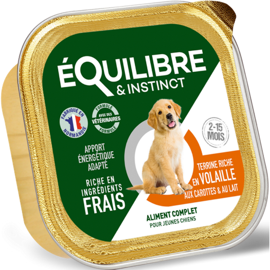EQUILIBRE & INSTINCT Terrine pour jeune chien riche en volaille, carottes & lait 11x150g