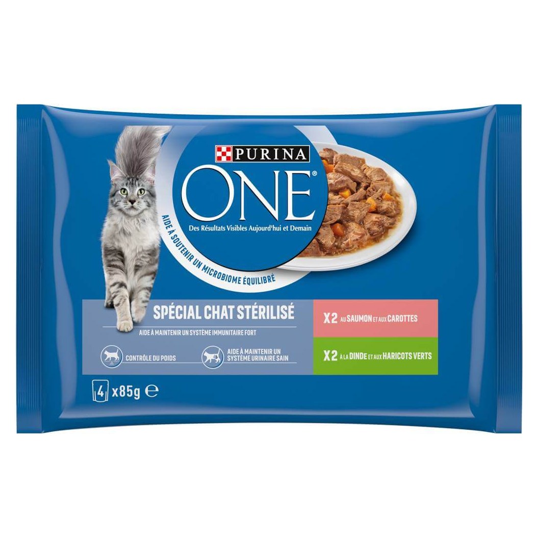 PURINA ONE Sachets pour Chat Stérilisé Saumon et Dinde Effilés en Sauce 4x85g