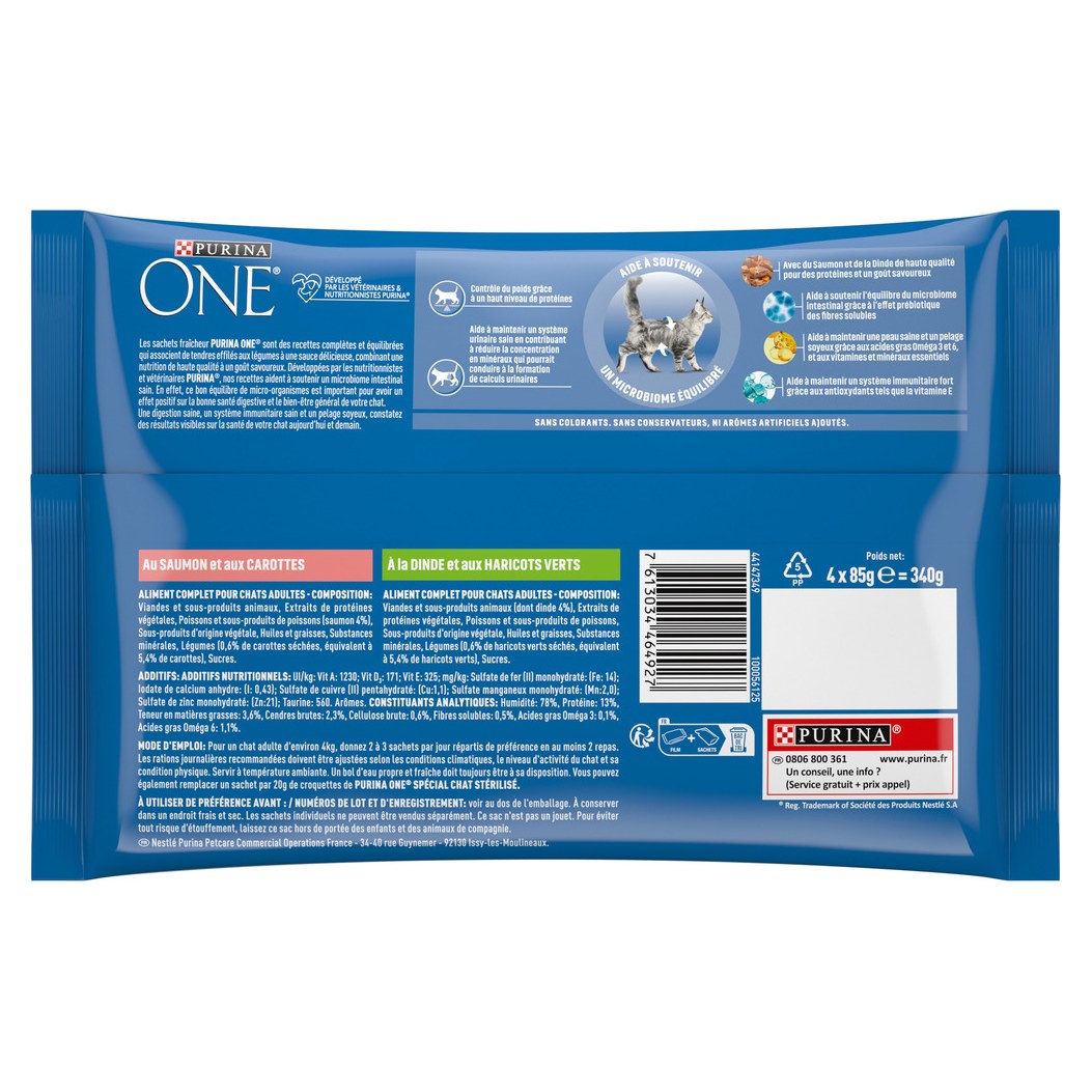 Dos du pack PURINA ONE chat stérilisé saumon et dinde