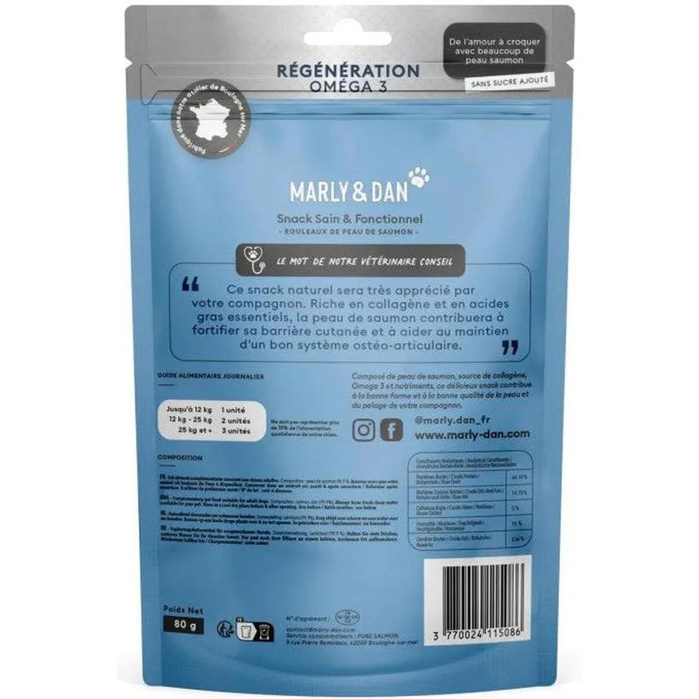 MARLY ET DAN Rouleaux Régénération 100% Peau de Saumon Chien 80g