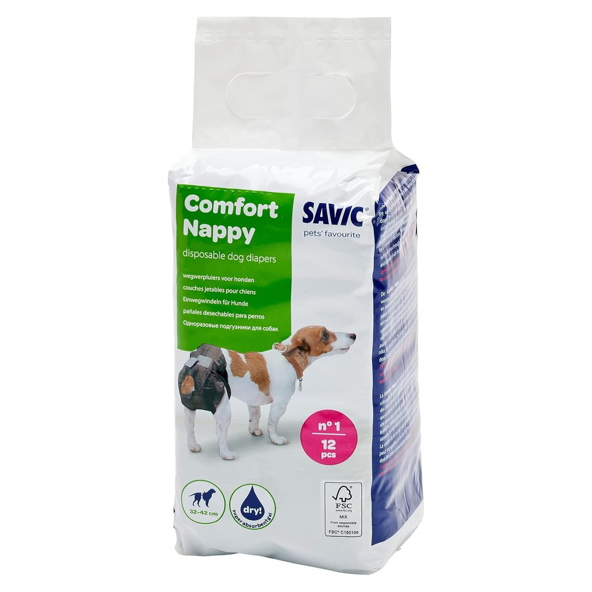 SAVIC Comfort Nappy Couches Jetables pour Chien Taille 1 Tour de Ventre 32 à 42cm 12 Pièces