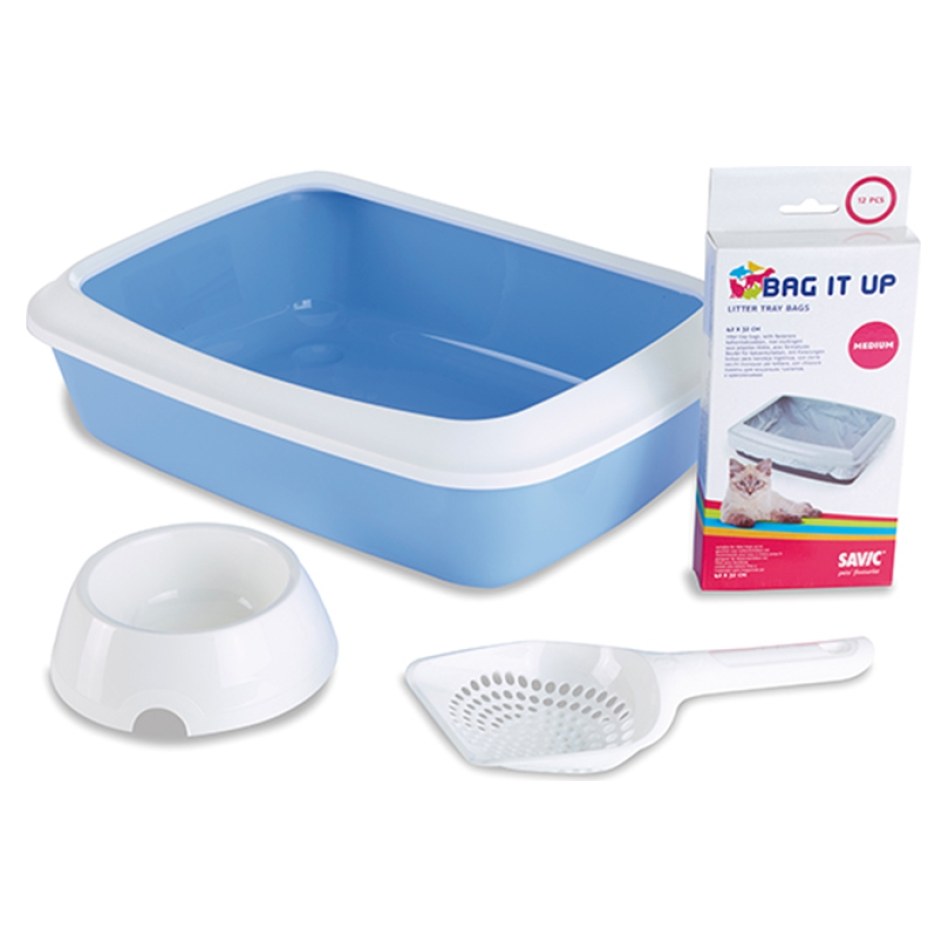 SAVIC Iriz Starter Kit Bac à Litière avec Pelle, Gamelle et Sacs pour Chaton Bleu 42x31x12,5cm