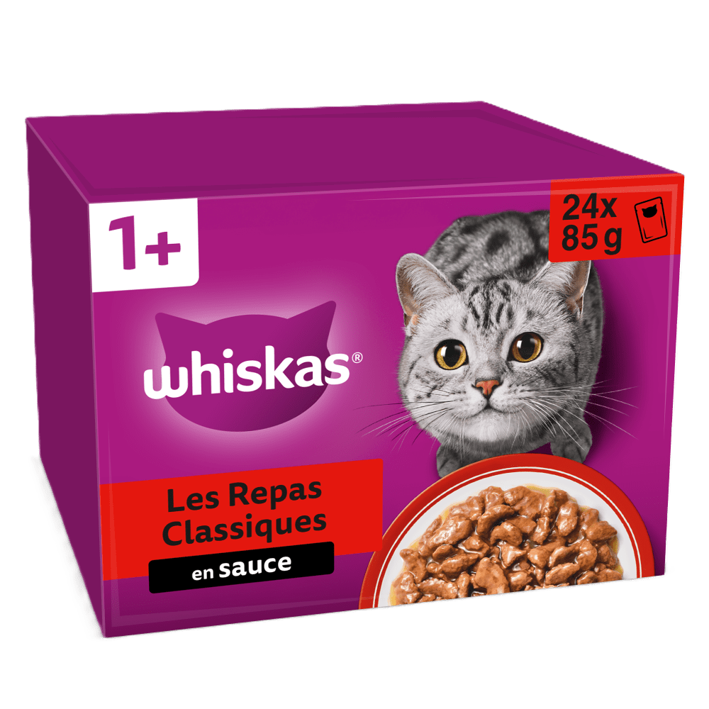 WHISKAS Sachets Fraîcheur Les Repas Classiques en Sauce pour Chat Adulte 4 Variétés 12 x 85 g