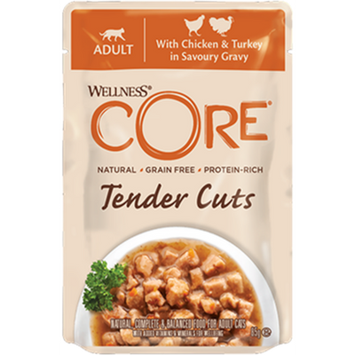 WELLNESS CORE Tender Cuts Nourriture humide pour chat adulte Poulet et Dinde en sauce 85g