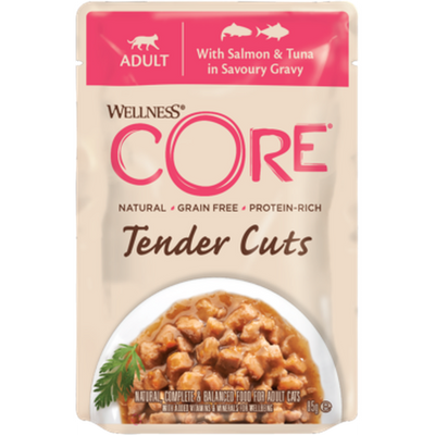 WELLNESS CORE Tender Cuts Nourriture humide pour chat adulte sans céréales Saumon & Thon en sauce 85g